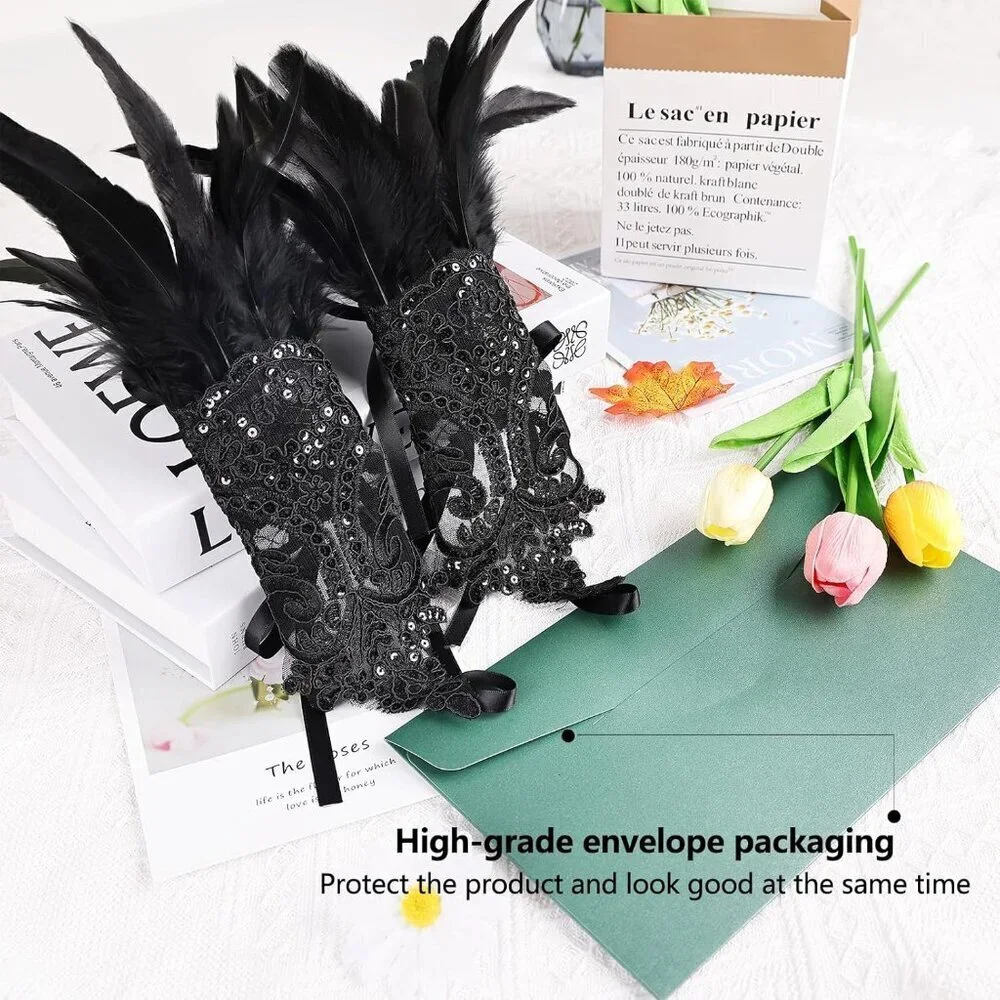 Women's Lace Feather Long Gloves Gothic Costume Accessories for Party